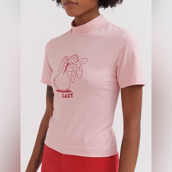 LAZY OAF Wilted Flower Mock Neck Fitted Babydoll T-Shirt Tee Top Pink Size US 14 - Picture 3 of 8